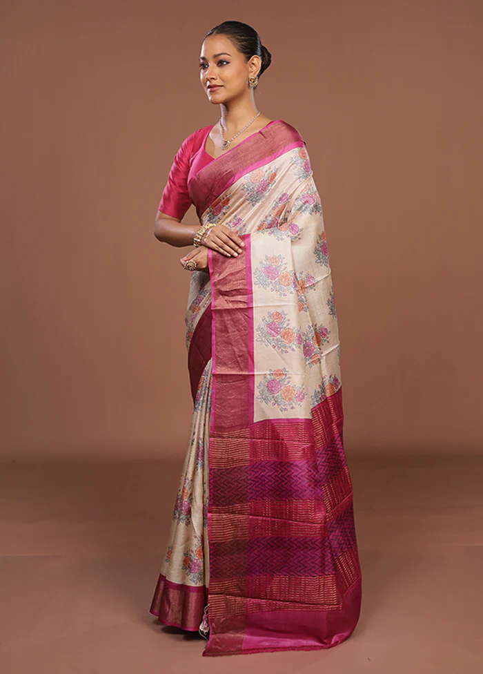Cream Handloom Tussar Pure Silk Saree With Blouse Piece - Image 4