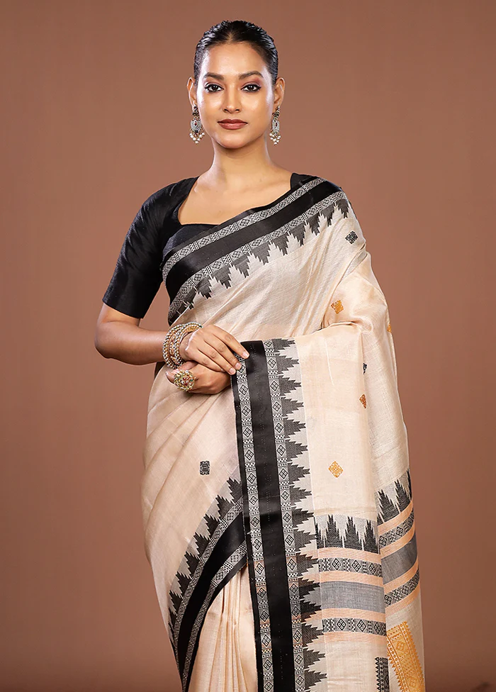 Cream Handloom Tussar Pure Silk Saree With Blouse Piece