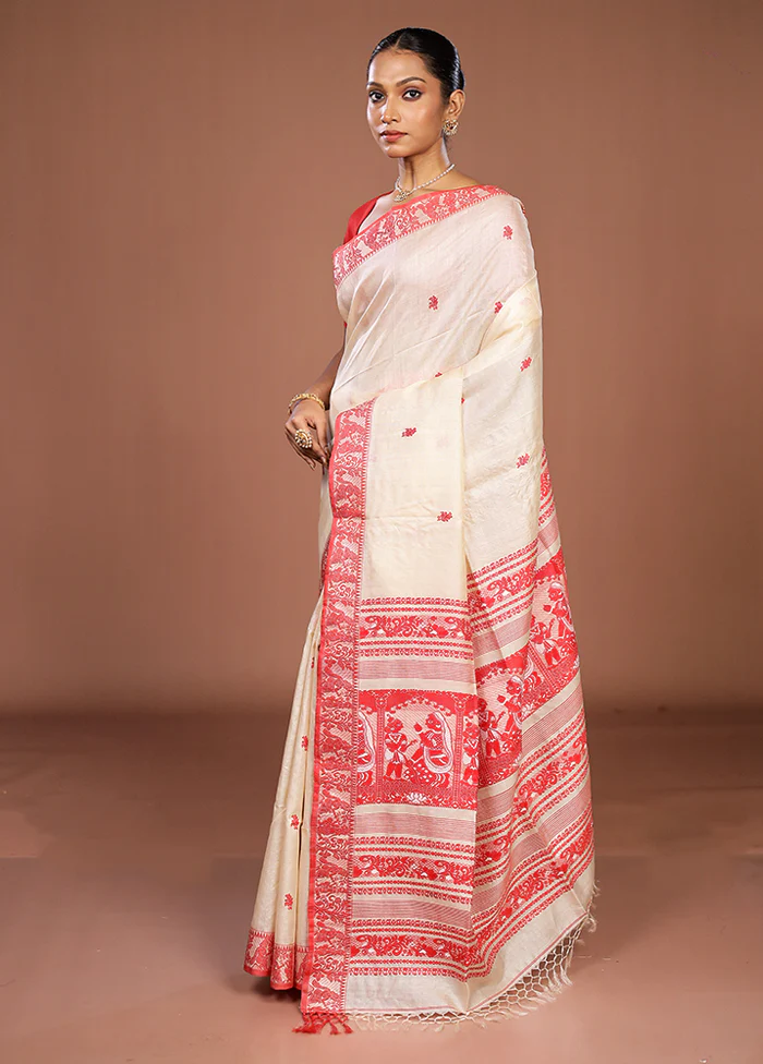 Cream Handloom Tussar Pure Silk Saree With Blouse Piece - Image 4