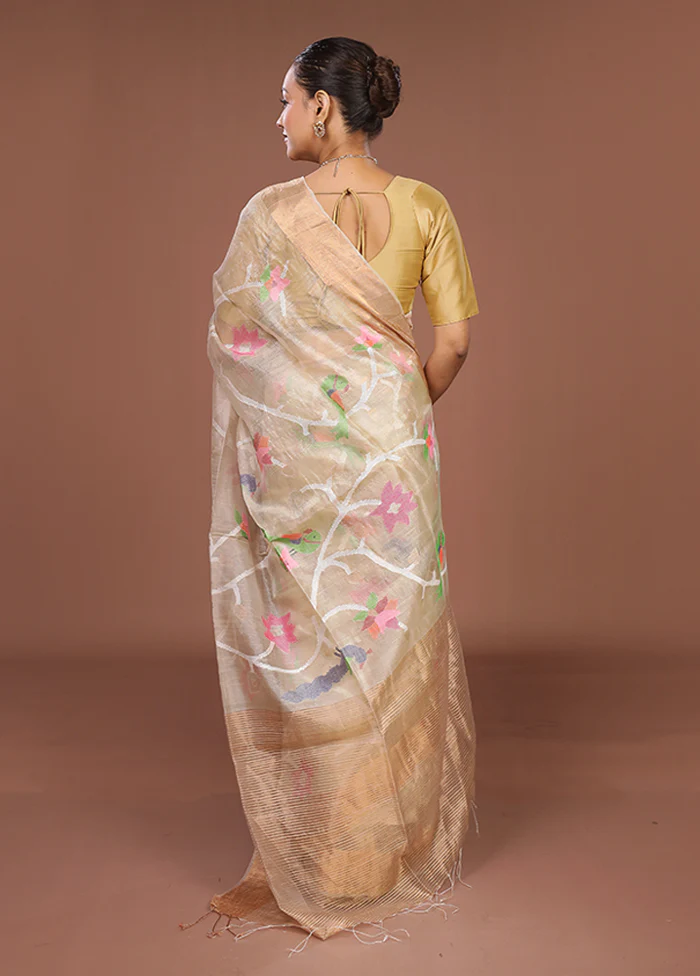 Cream Handloom Tussar Pure Silk Saree With Blouse Piece - Image 3