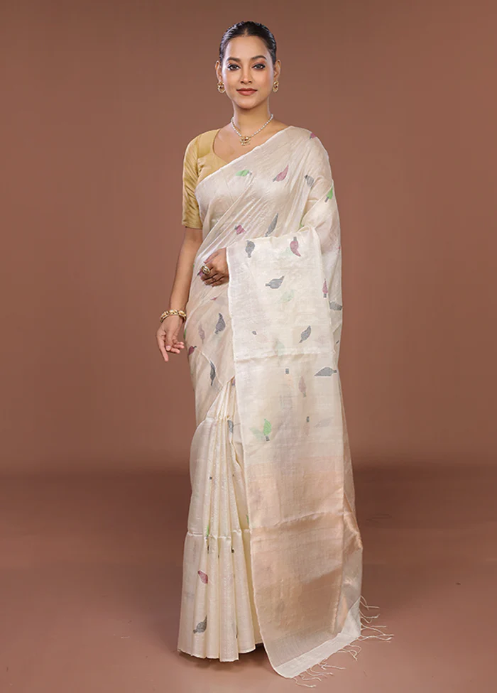 Cream Handloom Tussar Pure Silk Saree With Blouse Piece - Image 2