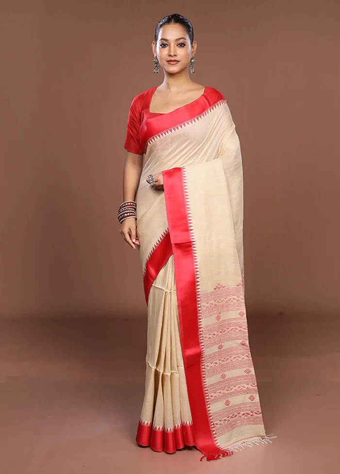 Cream Handloom Tussar Pure Silk Saree With Blouse Piece - Image 2