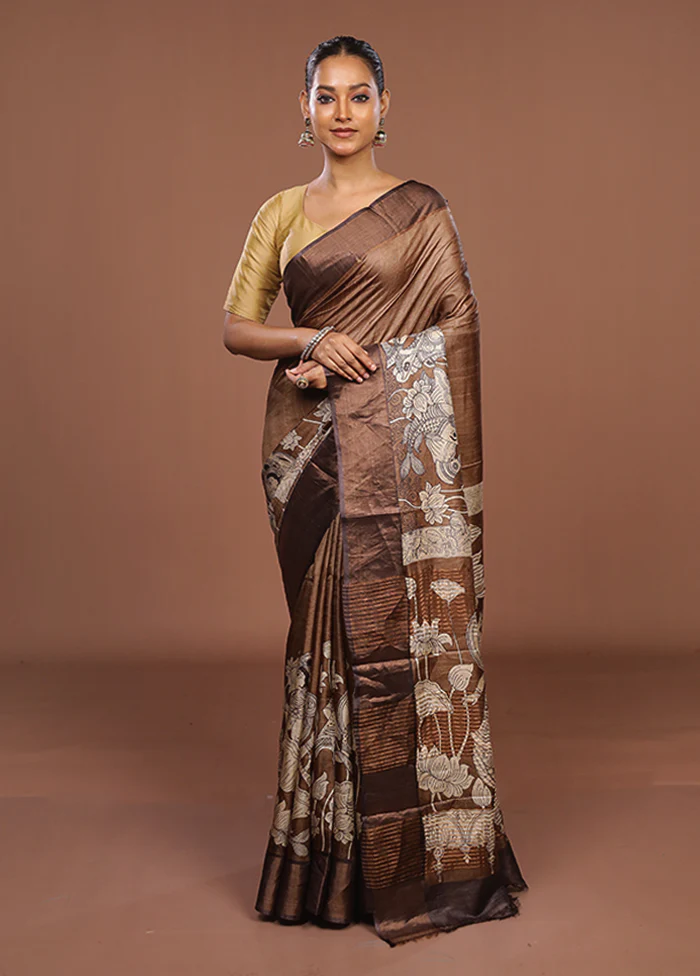 Cream Handloom Tussar Silk Saree With Blouse Piece - Image 2