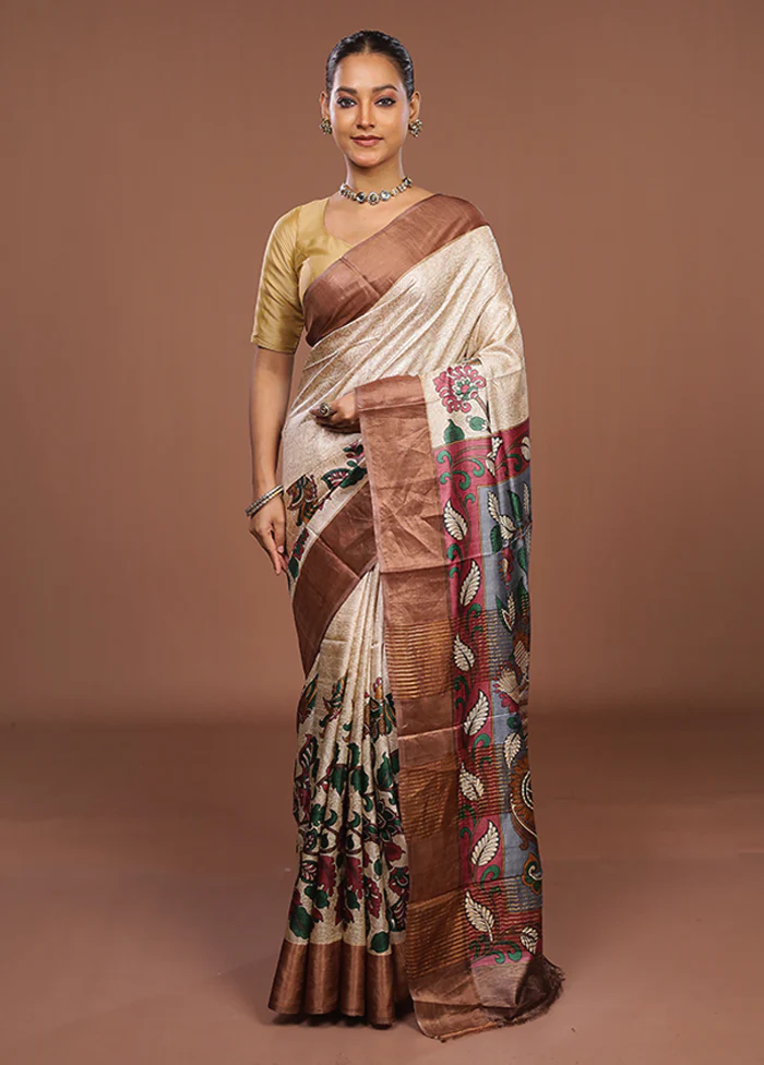 Cream Handloom Tussar Silk Saree With Blouse Piece - Image 2