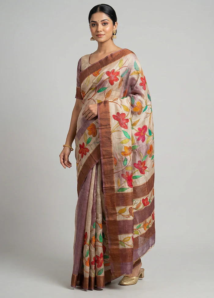 Cream Handloom Tussar Pure Silk Saree With Blouse Piece