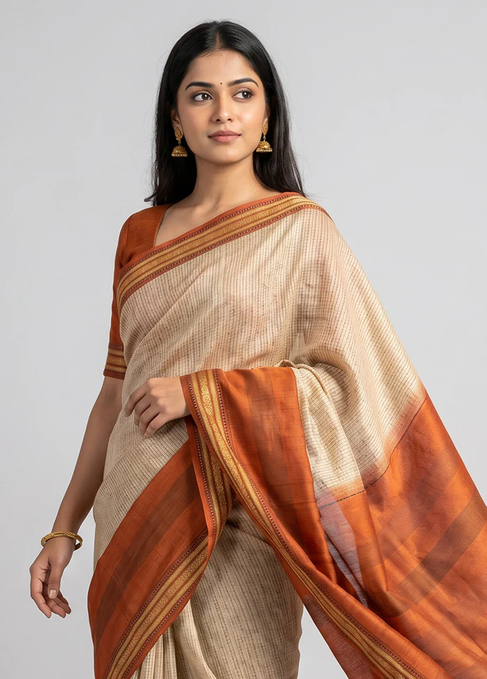 Cream Handloom Tussar Pure Silk Saree With Blouse Piece - Image 2