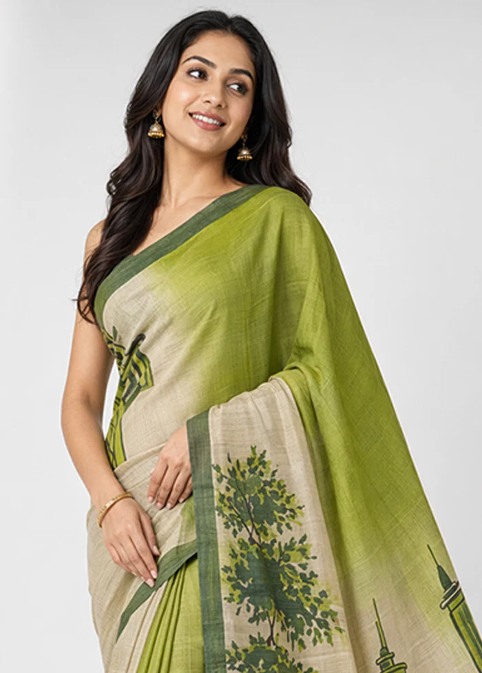 Cream Handloom Tussar Pure Silk Saree With Blouse Piece - Image 2