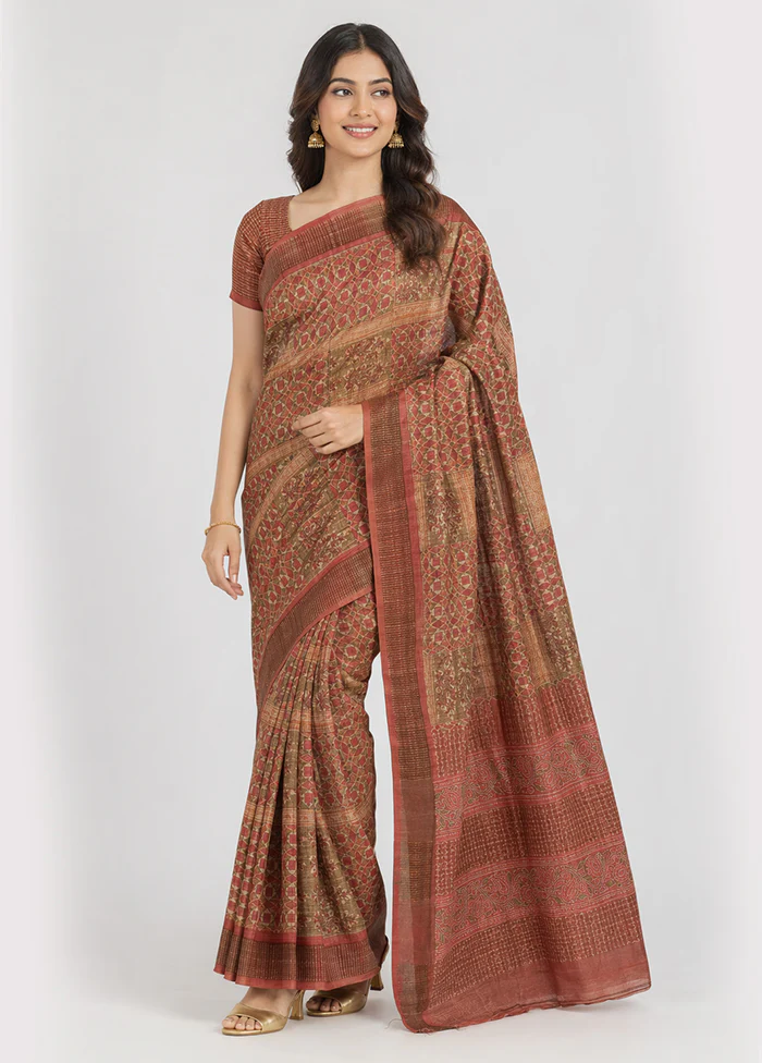 Cream Handloom Tussar Pure Silk Saree With Blouse Piece