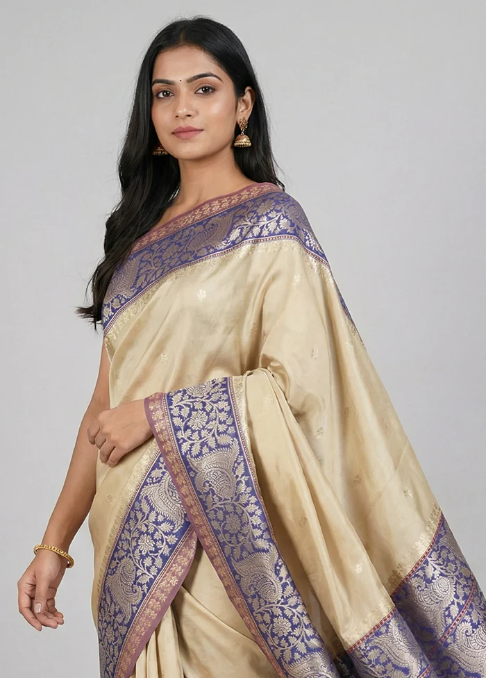 Cream Handloom Uppada Pure Silk Saree With Blouse Piece - Image 2
