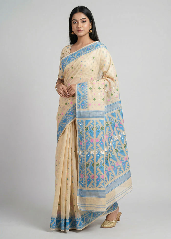 Cream Jamdani Cotton Saree Without Blouse Piece