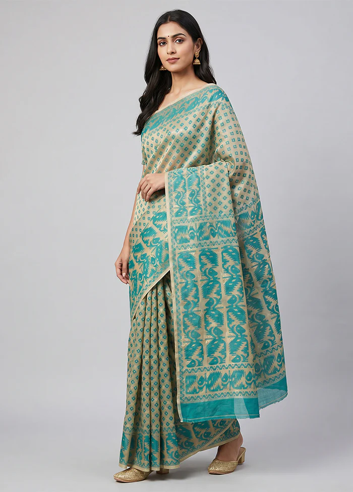 Cream Jamdani Cotton Saree Without Blouse Piece
