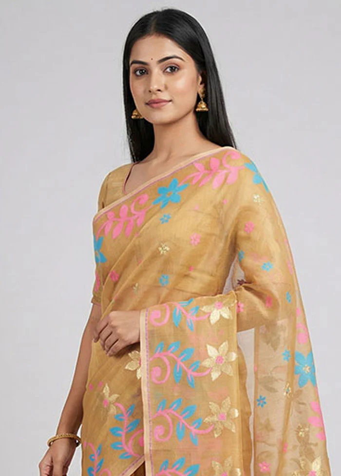 Cream Jamdani Cotton Saree Without Blouse Piece - Image 2