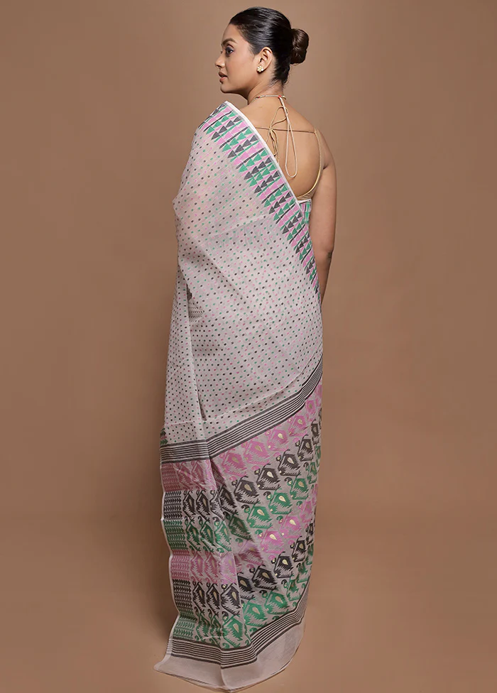 Cream Tant Jamdani Saree Without Blouse Piece - Image 3