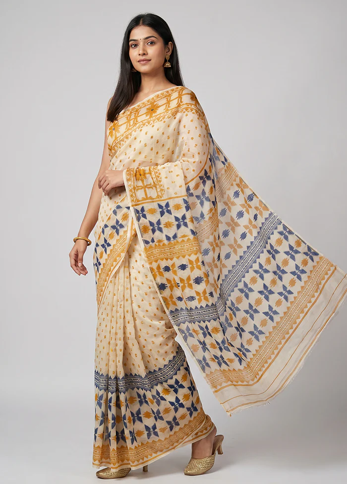 Cream Jamdani Cotton Saree Without Blouse Piece