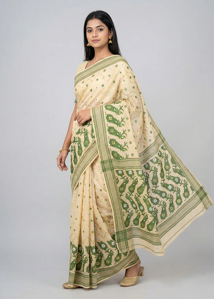 Cream Jamdani Cotton Saree Without Blouse Piece