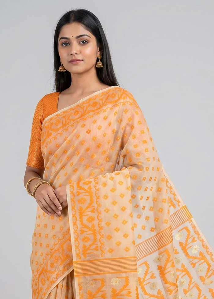Cream Jamdani Cotton Saree Without Blouse Piece - Image 2