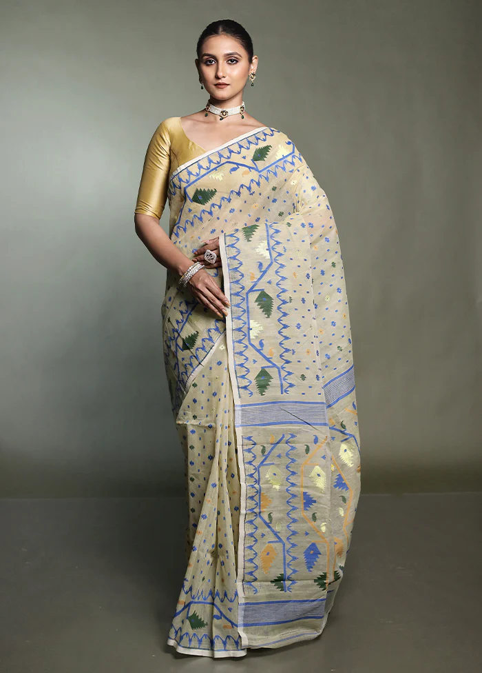 Cream Tant Jamdani Saree Without Blouse Piece - Image 2