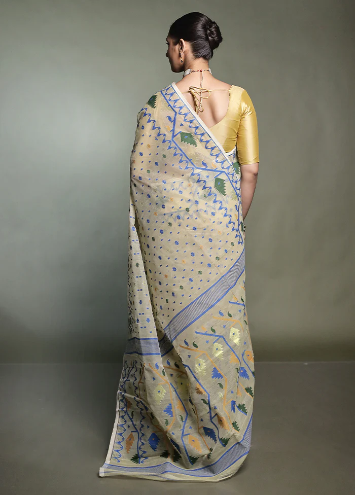 Cream Tant Jamdani Saree Without Blouse Piece - Image 3