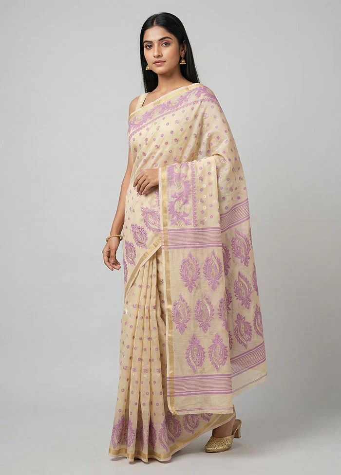 Cream Jamdani Cotton Saree Without Blouse Piece