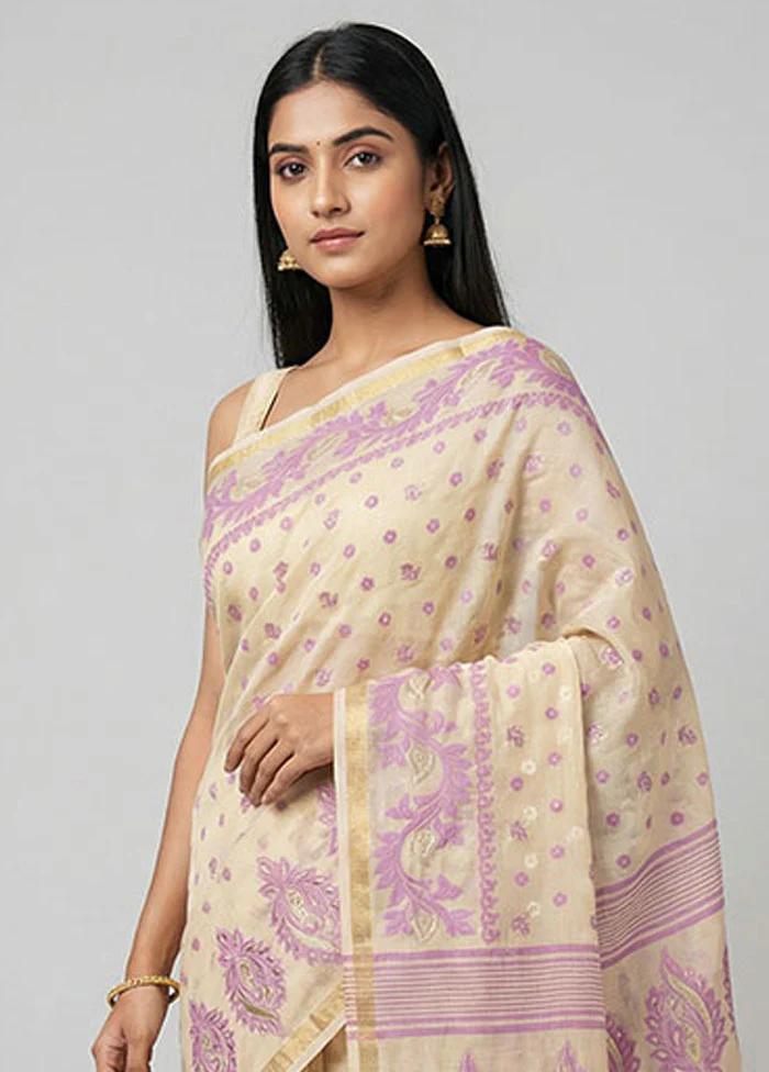 Cream Jamdani Cotton Saree Without Blouse Piece - Image 2