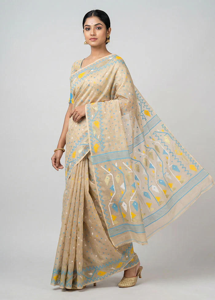 Cream Jamdani Cotton Saree Without Blouse Piece