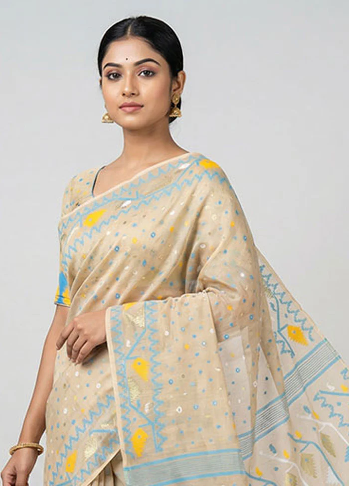 Cream Jamdani Cotton Saree Without Blouse Piece - Image 2