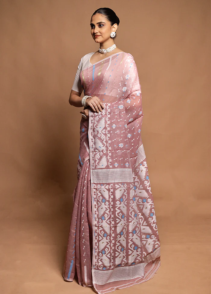 Cream Tant Jamdani Saree Without Blouse Piece - Image 4