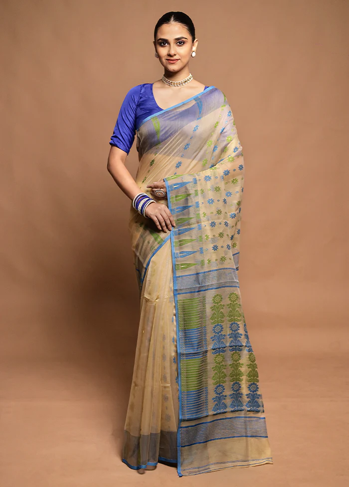 Cream Tant Jamdani Saree Without Blouse Piece