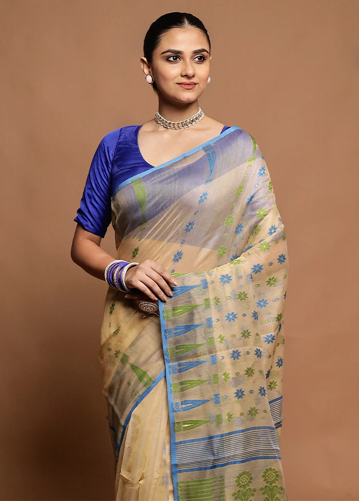 Cream Tant Jamdani Saree Without Blouse Piece - Image 2