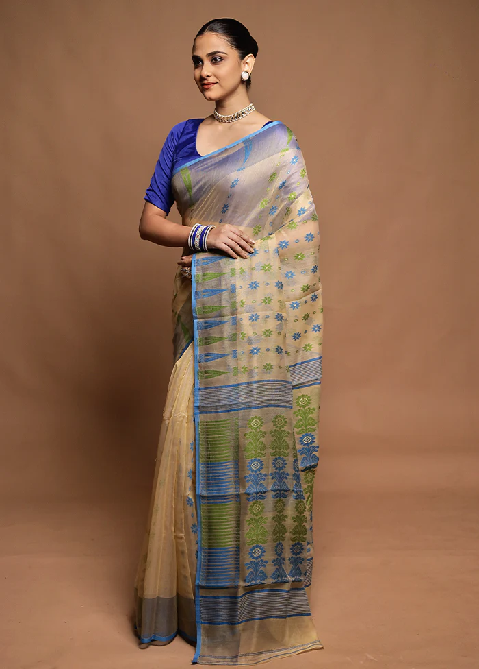 Cream Tant Jamdani Saree Without Blouse Piece - Image 4
