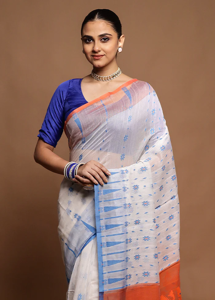 Cream Tant Jamdani Saree Without Blouse Piece - Image 2