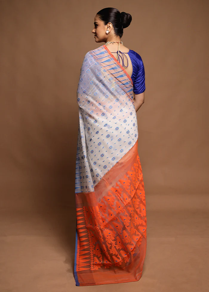 Cream Tant Jamdani Saree Without Blouse Piece - Image 3