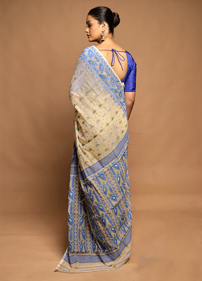 Cream Tant Jamdani Saree Without Blouse Piece - Image 3