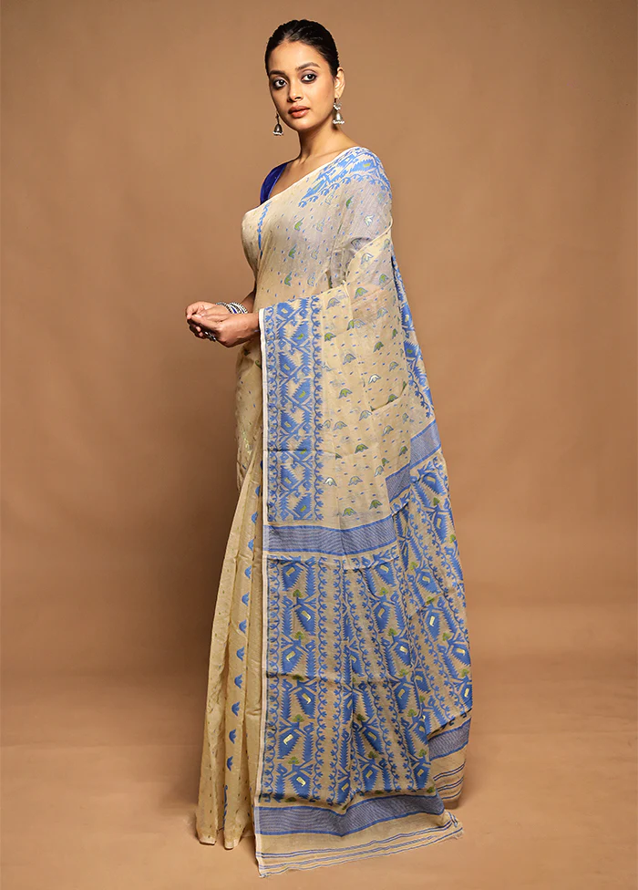 Cream Tant Jamdani Saree Without Blouse Piece - Image 4