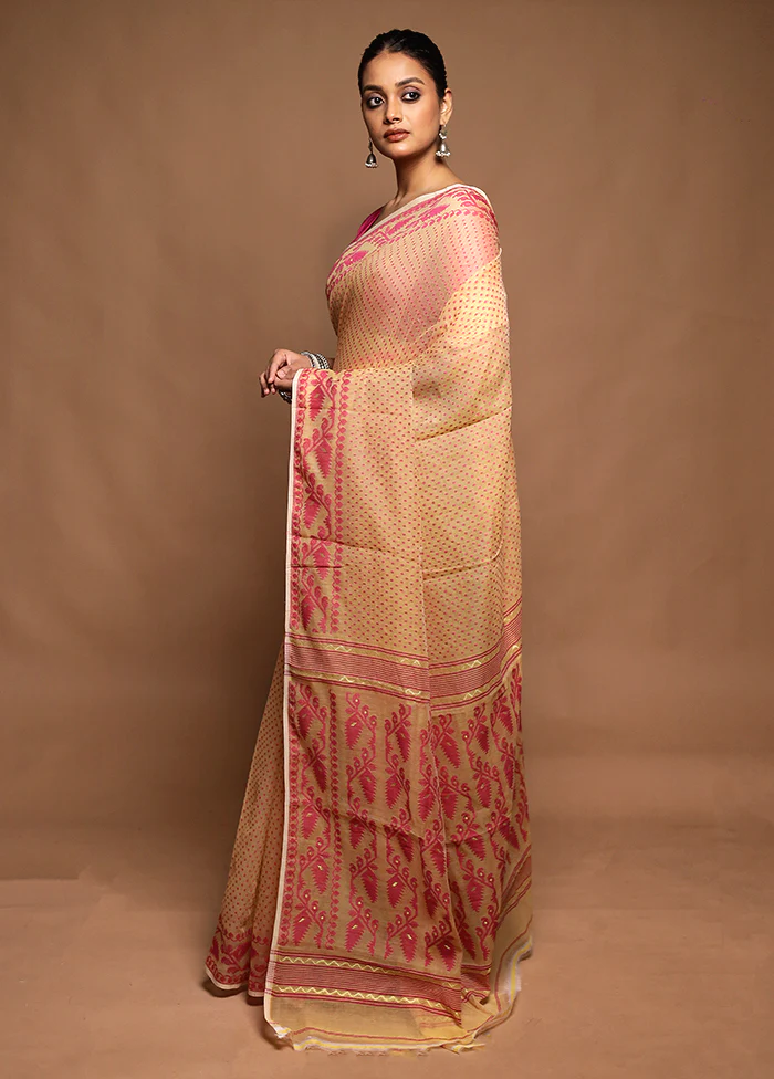 Cream Tant Jamdani Saree Without Blouse Piece - Image 4