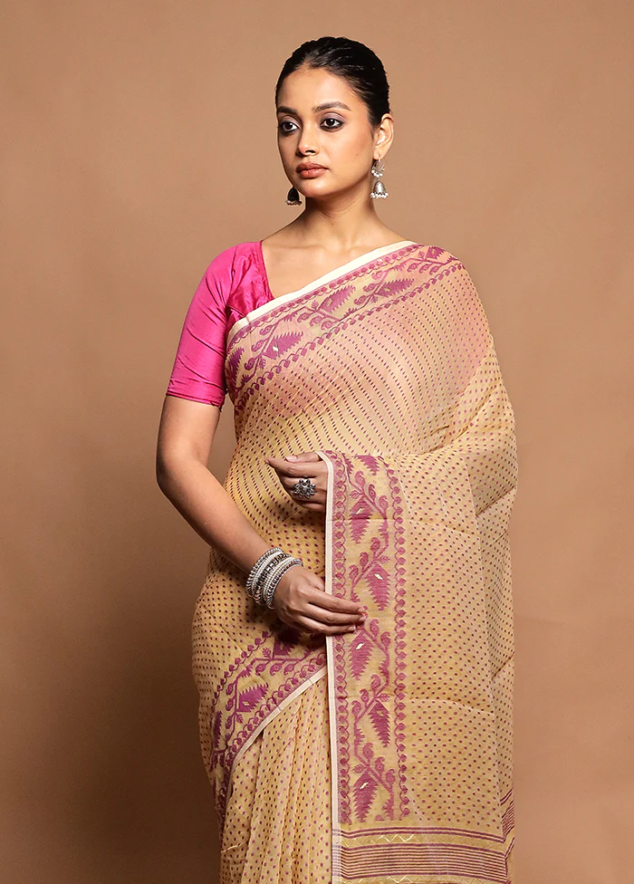 Cream Tant Jamdani Saree Without Blouse Piece - Image 2