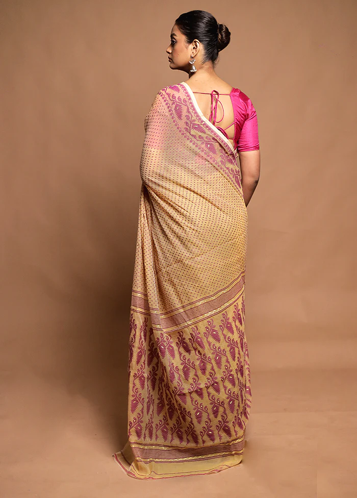Cream Tant Jamdani Saree Without Blouse Piece - Image 3