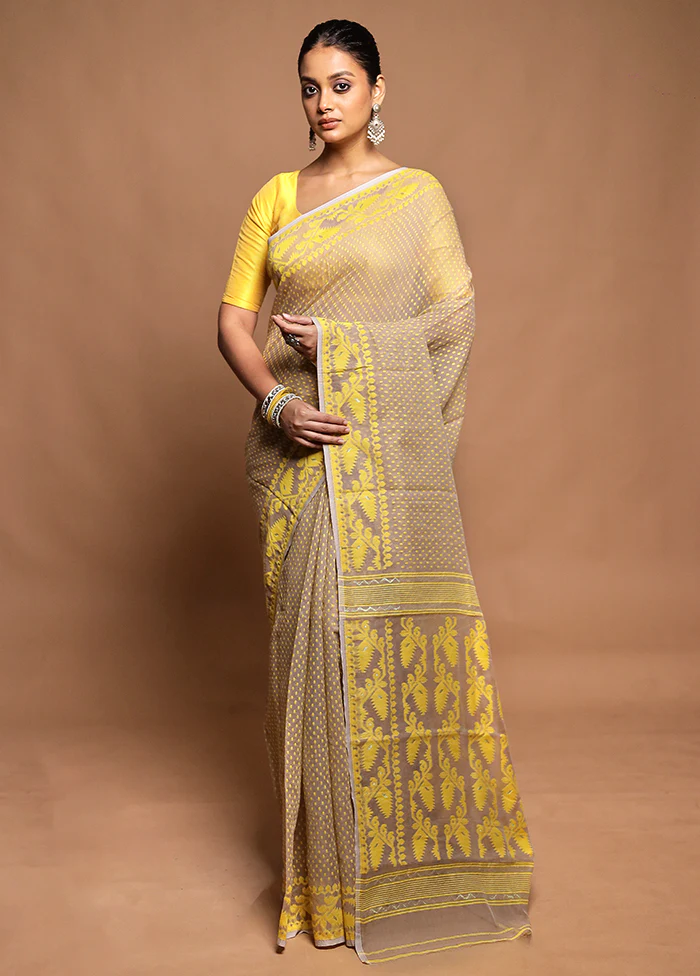 Cream Tant Jamdani Saree Without Blouse Piece
