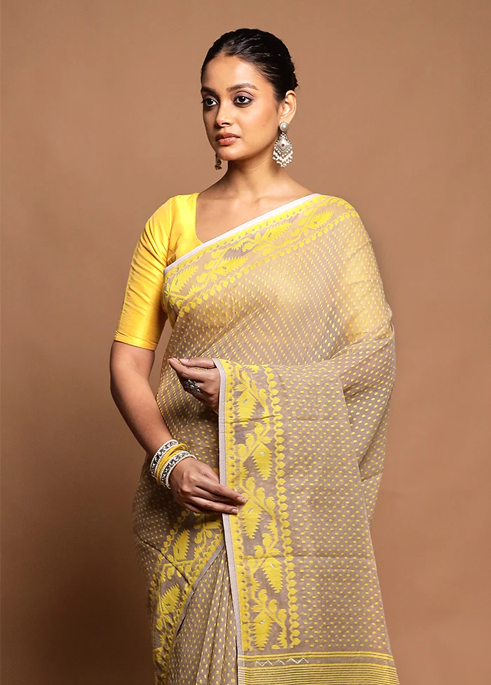 Cream Tant Jamdani Saree Without Blouse Piece - Image 2
