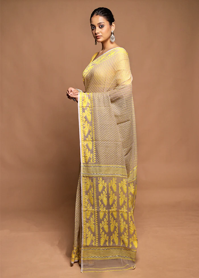 Cream Tant Jamdani Saree Without Blouse Piece - Image 4