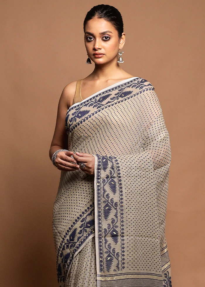 Cream Tant Jamdani Saree Without Blouse Piece - Image 2