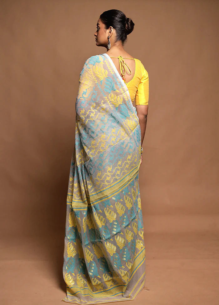 Cream Tant Jamdani Saree Without Blouse Piece - Image 3