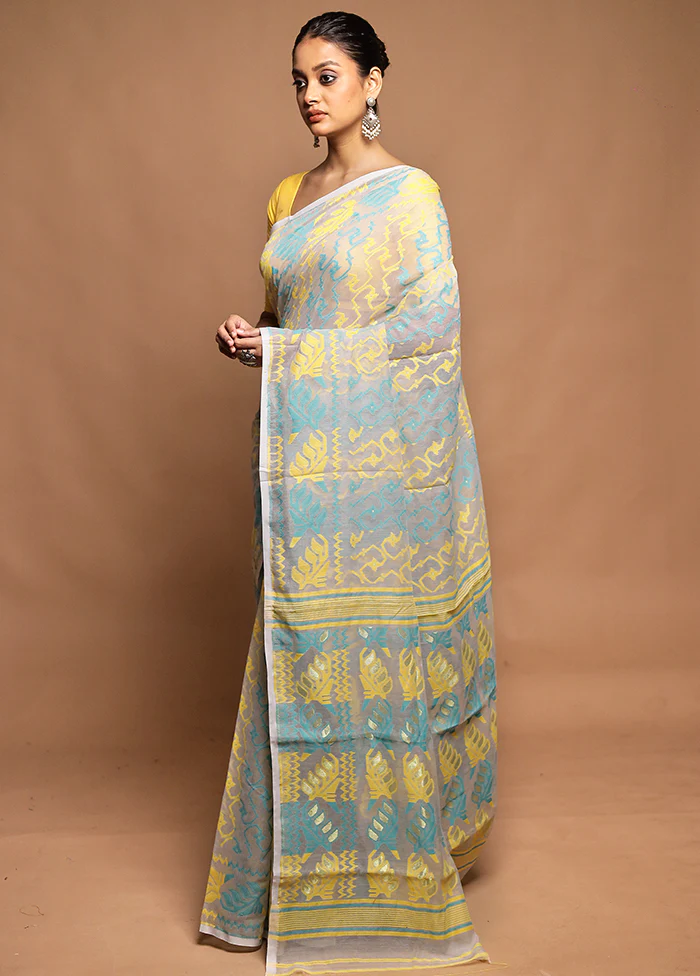 Cream Tant Jamdani Saree Without Blouse Piece - Image 4