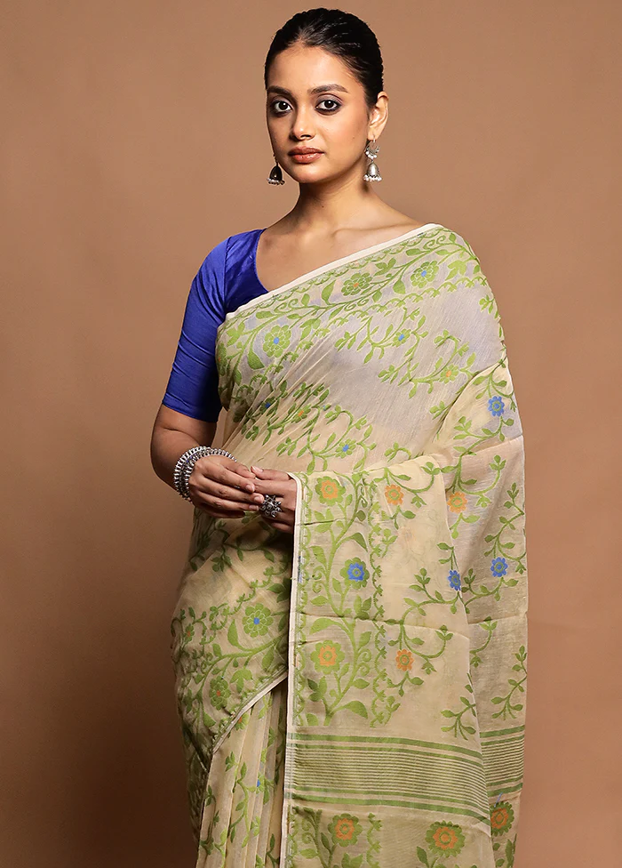 Cream Tant Jamdani Saree Without Blouse Piece - Image 2