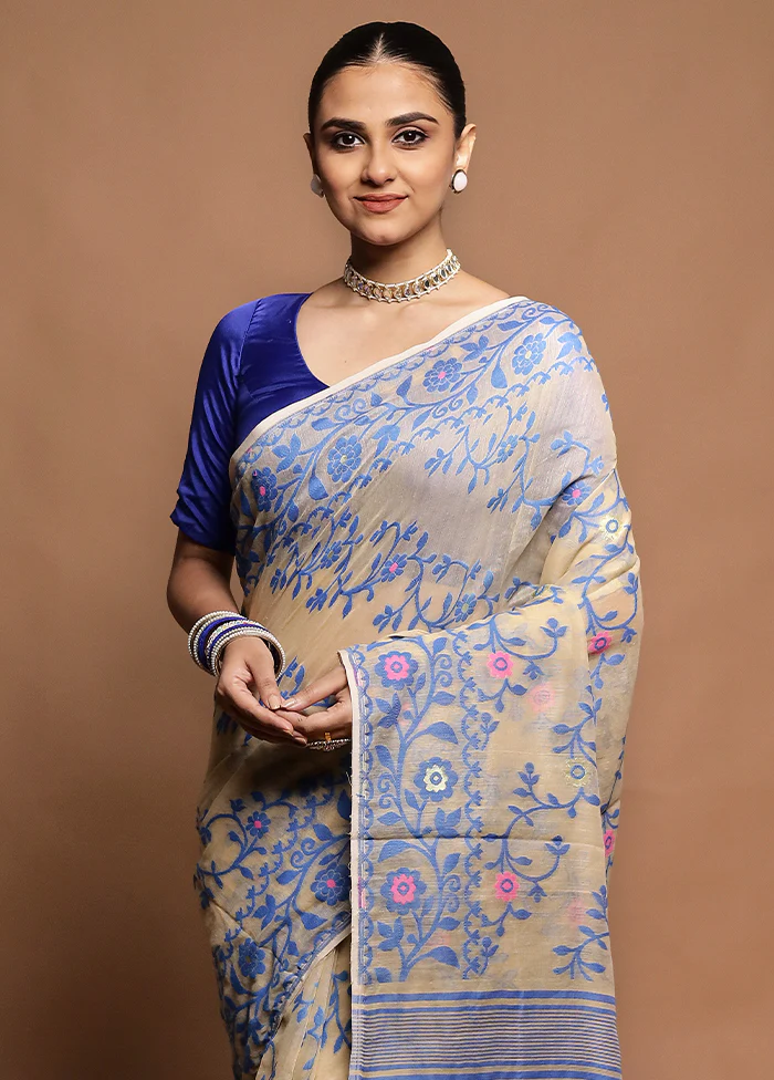 Cream Tant Jamdani Saree Without Blouse Piece - Image 2