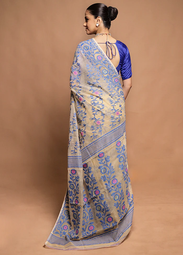 Cream Tant Jamdani Saree Without Blouse Piece - Image 3