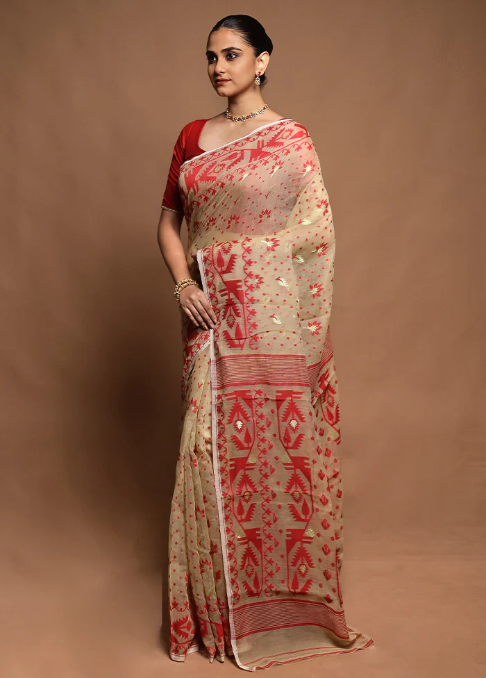 Cream Tant Jamdani Saree Without Blouse Piece - Image 4