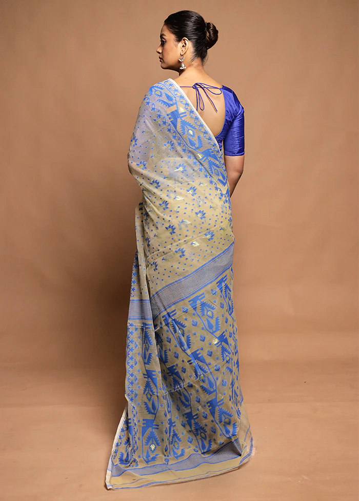Cream Tant Jamdani Saree Without Blouse Piece - Image 3