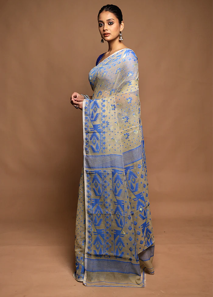 Cream Tant Jamdani Saree Without Blouse Piece - Image 4
