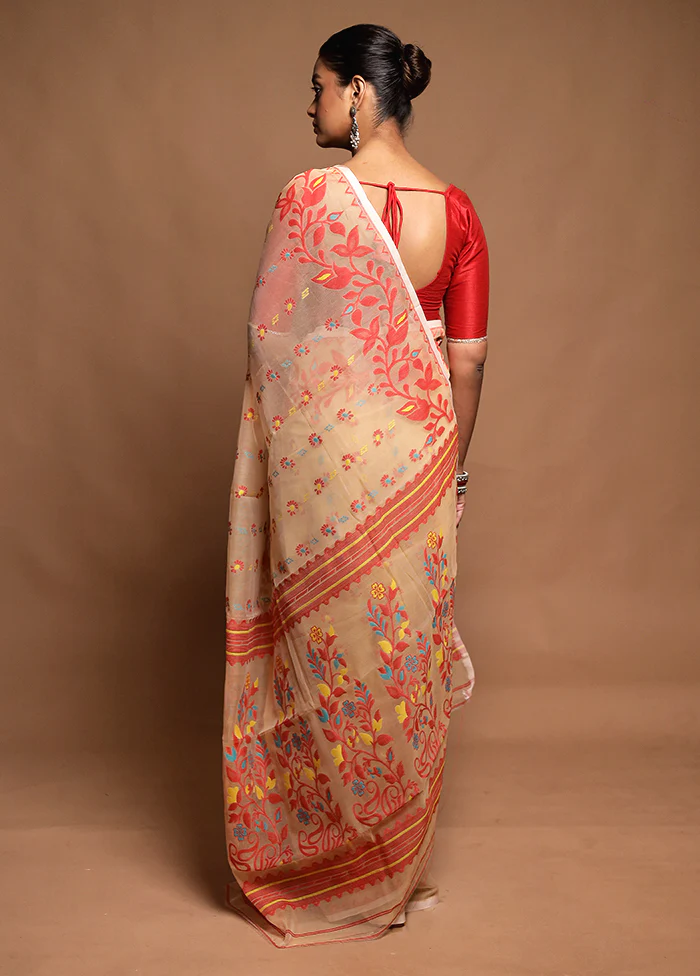 Cream Tant Jamdani Saree Without Blouse Piece - Image 3